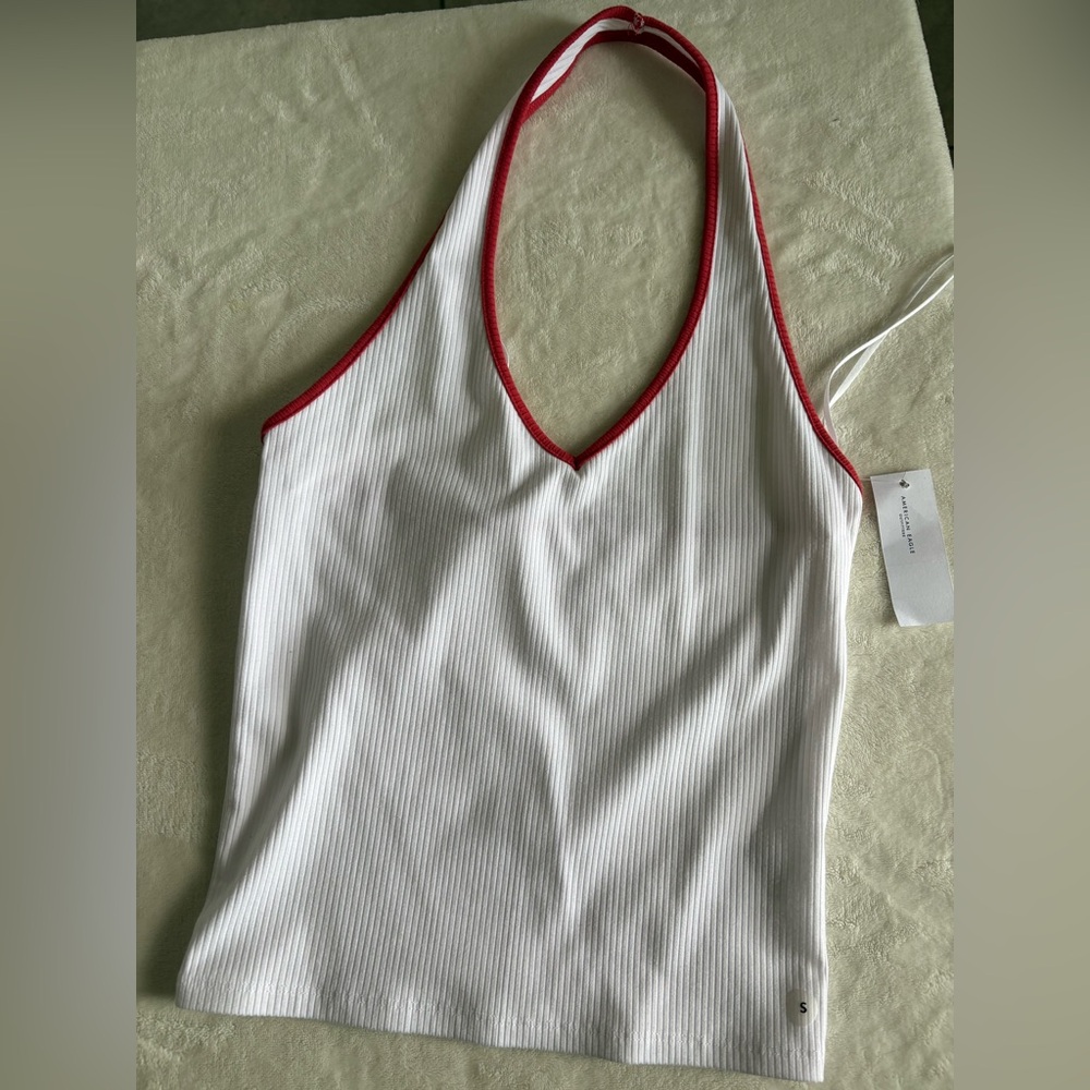 AE White Ribbed HalterTop with Red Trim